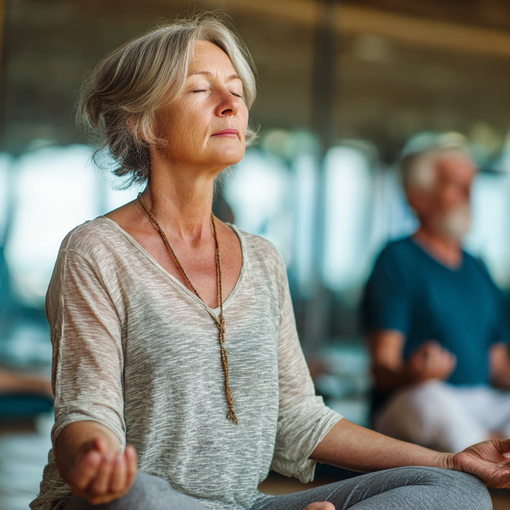 senior woman demonstrating yoga pose with peaceful expression and focused concentration
